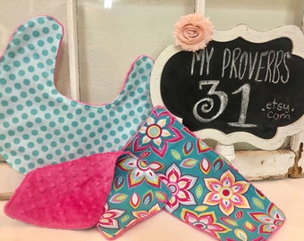 1 Bib 2 Burp Cloths, baby shower gift set, aqua turquoise pink minky, newborn gift, fast gift, READY to SHIP!