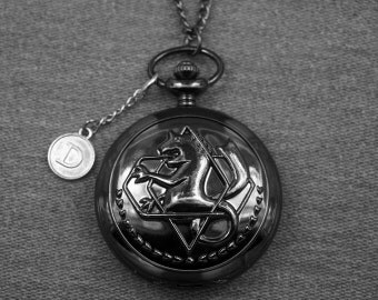 Big Gunmetal Fullmetal Alchemist Pocket Watch Large Round Carved Mens Pocket Watch Pendant 46mm --for gifts