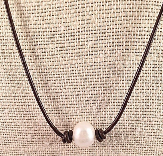 Single Pearl Necklace on Black Dark Brown Leather by ShalomJewelry