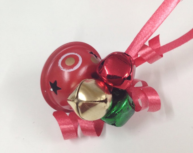 Red Santa sleigh bell tree ornament with jingle bells, red jingle bells, red gold green Christmas decoration, Christmas jingle bells, xmas