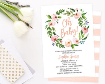 Peach Baby Shower Invitation Girl, Printable Baby Shower Invitation Oh Baby, Wreath Baby Shower Invitation, Custom Floral Shower Invite
