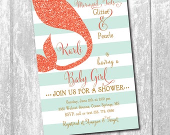 Mermaid Baby Shower Invitation with Coral Glitter (flat) Tail/DIGITAL FILE or printing/printable/wording and colors can be changed