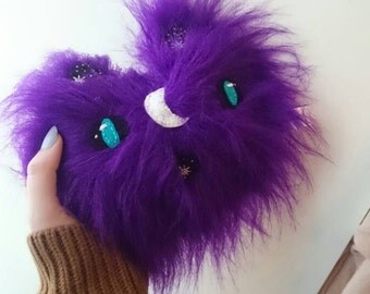 Purple fluffy cat plush with hand embroidered face, one of a kind, only one made. Sample sale