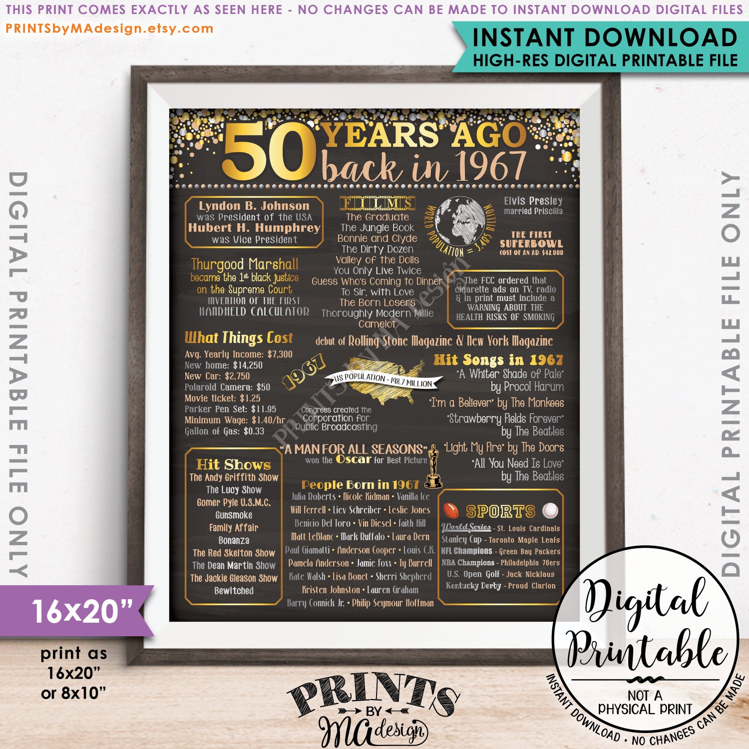 1967 Poster, 50 Years Ago Flashback to 1967, 50th Birthday, 50th Anniversary, Chalkboard Style 1967 Poster, 50 Years Ago Flashback to 1967, 50th Birthday, 50th Anniversary, Chalkboard Style