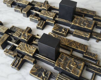 Brutalist Wall Candlestick Holder Sconce Set Dart Industries/Syroco 1970's Modern Plastic Gold Black Wall Sculpture Brutalist Decor