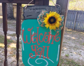 Mason Jar Door Hanger / spring door hanger / summer door hanger / Wooden Door Hanger / summer decor / outdoor decor / sunflower / patio