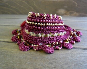 Freeform Crochet Bracelet Cuff with Japanese beads in Red, Crochet Jewelry - Unique Gift for Her