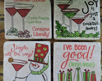 Holiday Cheer Coasters - Natural Stone