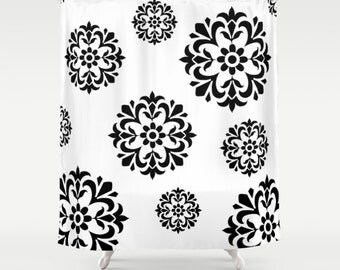 Flowers Shower Curtain - Black White Shower Curtain , Bathroom Decor , Bathroom Curtain , Fabric Bath Curtain , Dorm Room Shower ,