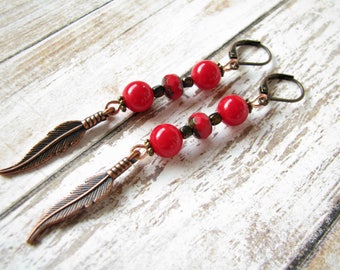 Red earrings Feather earrings Copper earrings Czech beads earrings Long earrings Dangle earrings Boho earrings Women Gift for her Boho style