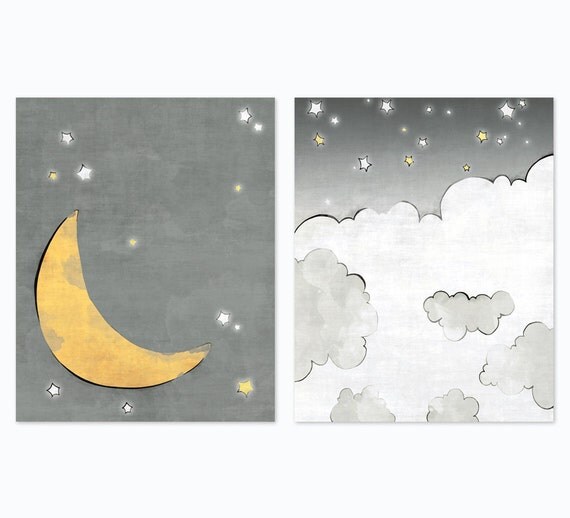 Moon and Stars Nursery Print Moon and Clouds Art Print