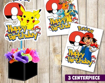 3 Pokemon centerpieces, Pokemon printable centerpieces, Pokemon 9th party supplies, Pokemon birthday, decorations, Pokemon instant download