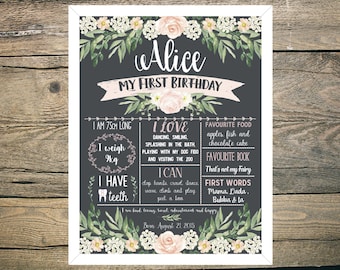 First Birthday Chalkboard Sign Poster - Girl - 11x14 / 16x20 / 18x24 - Printable - Pastel Blush White Pink Green Peach floral watercolour