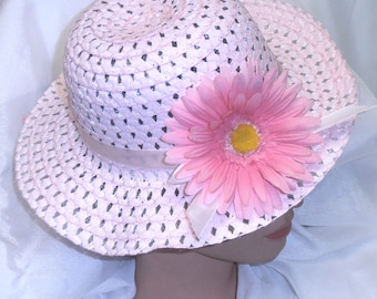 Girls Toddler Girls Easter Hat Easter Bonnet Spring Hat Teaparty Hat Pink with Pink Daisy
