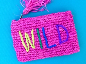 WILD Hot Pink Raffia Clutch, Tassel Clutch, Hand Stitched , Personalised Monogram Clutch with Initials, Name, Pouch & Coin Purse