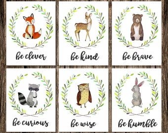 Woodland Animal Nursery Decor | Fox Deer Raccoon Owl Bunny Rabbit Bear | Woodland Creatures Be Brave Be Kind Be Curious Be Clever | Wall Art