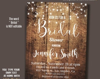 Bridal Shower Invitation, Rustic Wood and lights invite, Wedding Shower, Self-editable invite PDF A202