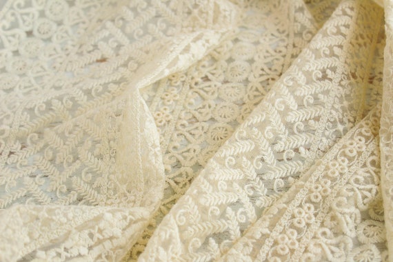 White Net Fabric with Ivory Embroidery Boho Floral Fabric