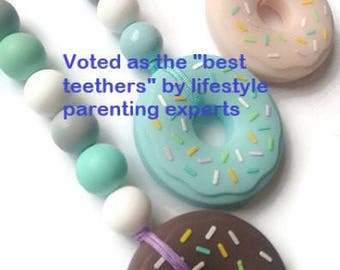 silicone teether on a clip, silicone donut teether, baby shower gift, gender reveal gift, gender neutral gift, new baby gift, new mom gift