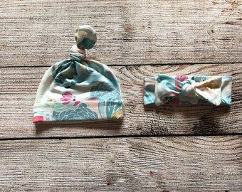 Baby/Toddler girls Top Knot Headband OR Beanie! Made from soft, stretchy, floral knit.