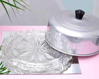 Vintage Cut Glass Cake Plate w//Aluminum Topper - Starburst//Snowflake Motif!