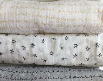 Extra Large Swaddle blanket, double gauze blanket, baby blanket, i love you gauze swaddle, muslin swaddle, stars swaddle.