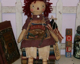 Primitive Raggedy Ann doll homespun feed sack Annie with American Flag