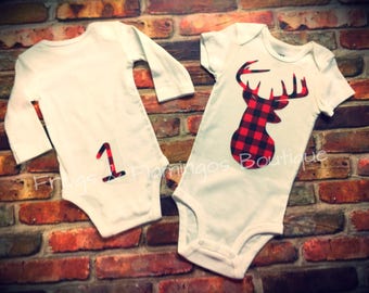 Lumberjack Birthday bobysuit/Vinyl Monogrammed Deer Shirt/Initial Shirt/Name Shirt/Flannel HTV Vinyl Shirt/Birthday Shirt or birthday bodysu
