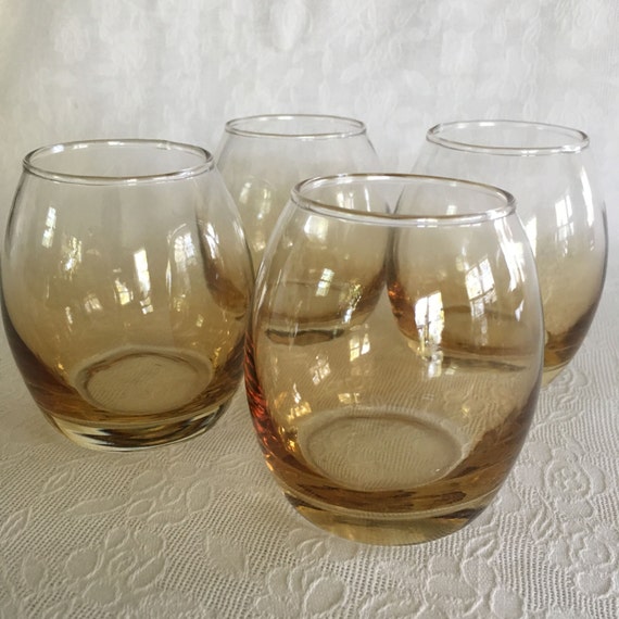 Short round drinking amber vintage drinking glasses Set of 4