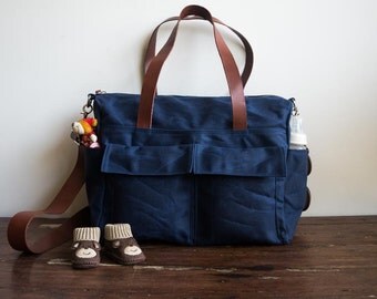 Waxed canvas bag, 9 pocket diaper bag, Waxed canvas diaper bag, Waxed canvas tote, Canvas diaper bag , Leather canvas bag, Navy Blue