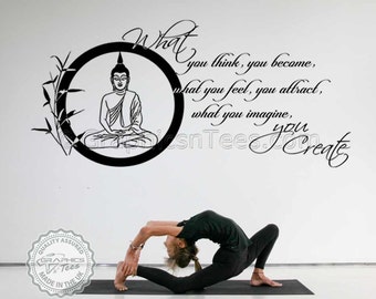 Boeddha inspirerende citaat, wat je denkt dat je geworden, Yoga Lounge Home Wall Art Sticker muurschildering Decal