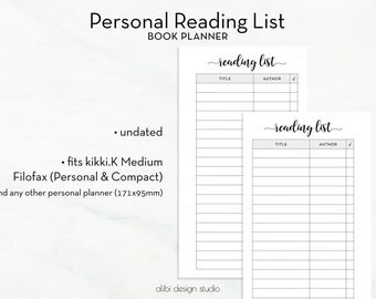 Reading List, Book Planner, Personal Planner, Book Tracker, Personal Inserts, Reading Tracker, To Do List, Filofax Personal, Reading Log