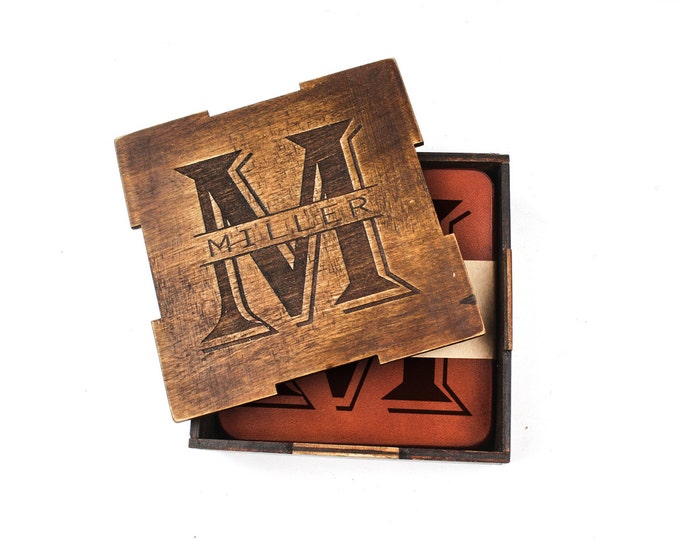 Personalised coasters set in wooden gift box - leather coasters - custom drink coasters - laser engraved - custom design housewarming gift