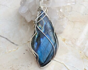 Labradorite Wire Wrapped Pendant Sterling Silver, Stone of Magic, Intuition, Spiritual Awakening, Reiki Charged