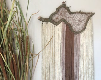 Large wall hanging, retro home decor, housewarming gift idea, tissage mural, marame tapestry, retro home decor, textile art, wooden decor