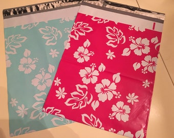 100 Pink & Teal Hawaiin Poly Mailers . 10" x 13 Flat Poly Mailers, Adhesive Flat Envolpes.