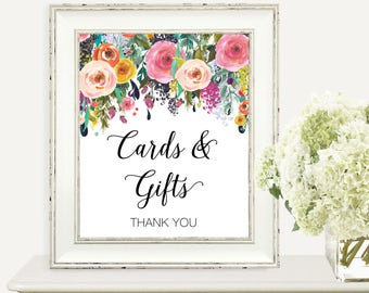 Gifts And Cards Sign, Colorful, Floral, Baby Shower Sign, Watercolor, Bridal Shower Sign, Wedding Sign, Party Sign, Printable, Birthday Sign