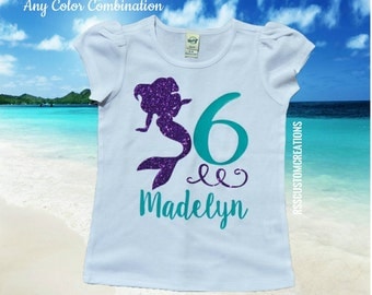 Mermaid Birthday Shirt, Girls Mermaid Birthday, Choose Your Colors, Sixth Birthday Mermaid Shirt, Up to Child XL, Under the Sea Party Shirt