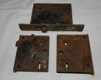 3 Door Locks - Vintage Mortise style Distressed / Rusty Door locking mechanisms - Corbin and others - Antique Salvaged Hardware 46-29