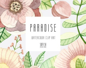 Paradise - - Hand Painted Watercolor floral clipart - Isolated elements - Flourish, rose, berry, flowers, boho, wedding, country, leaves