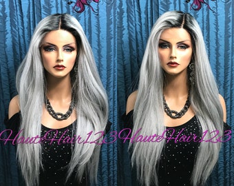 Long Silver Undertone Gray Ombre Lace Front Wig