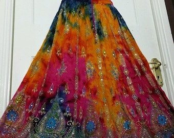 Ladies Boho Hippie, Gypsy, Long Skirt, Party Sequin Rayon Tie/Dye, Block Painted, Orange/Blue/Pink Handmade UK Size 8 10 12 14 6 18 20 22 24