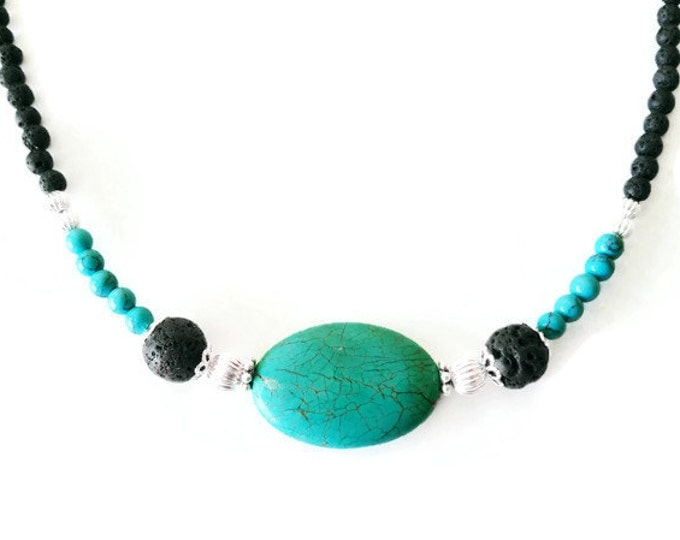 Turquoise and Lava Stone Color Block Necklace, December's Birthstone, Turquoise Necklace, Gemstone Jewelry, Unique Birthday Gift