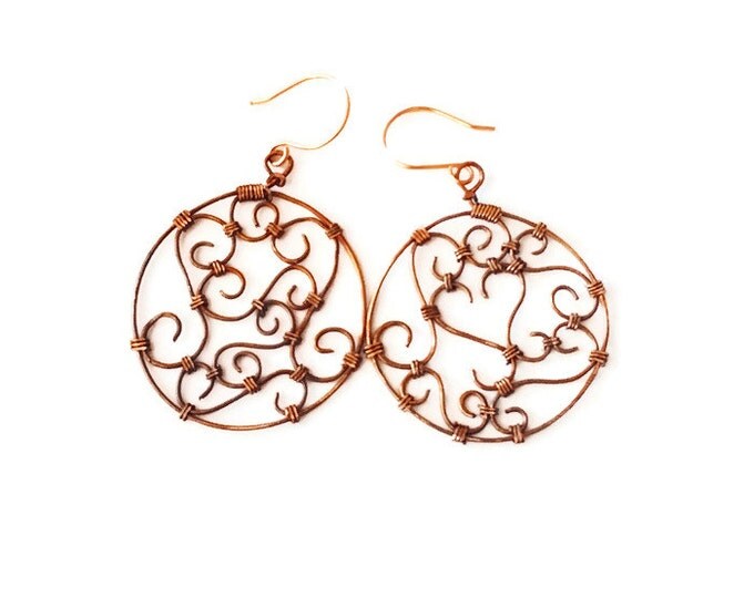 Copper Scroll Dangle Earrings, Copper Wire Fashion Earrings, Unique Birthday Gift, Gifts for Her