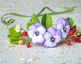 Pansy Wedding crown Flower Crown Strawberry Floral Gift for her Flower headpiece headband Woodland crown Flower accessories Berry crown Boho