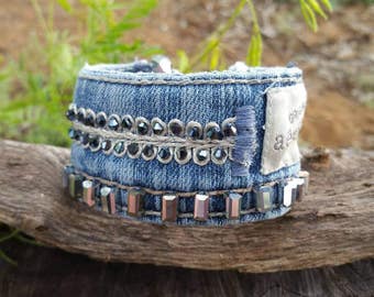 Beaded Denim Cuff Bracelet with Original Aeropostale Logo