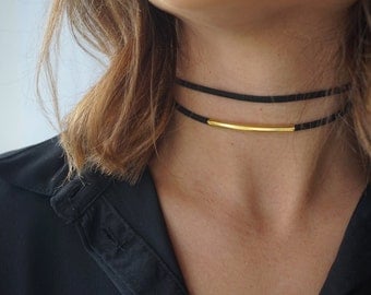 Double Suede Choker,Black Gold Choker Necklace,Dainty Choker Necklace,Gold Necklace Dainty, Dainty Gold Plated Choker Necklace, Black Choker