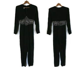 Vintage Carteret Black Jumpsuit with Sequin Embellished Detail, 80s Jumpsuit, USA Union Made USA Size 4, Vintage Jumpsuit, Womens Jumpsuit