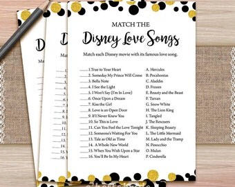 Disney Love Songs Bridal Shower Game - Printable Black Gold Bridal Shower Love Song Game - Bridal Shower Game - Bachelorette Games 025
