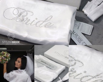 Bridal Satin Robe, Satin Bridal Robe with crystal embellished Bride on back, White Satin Wedding Robe, Satin Robe, White Bridal Robe